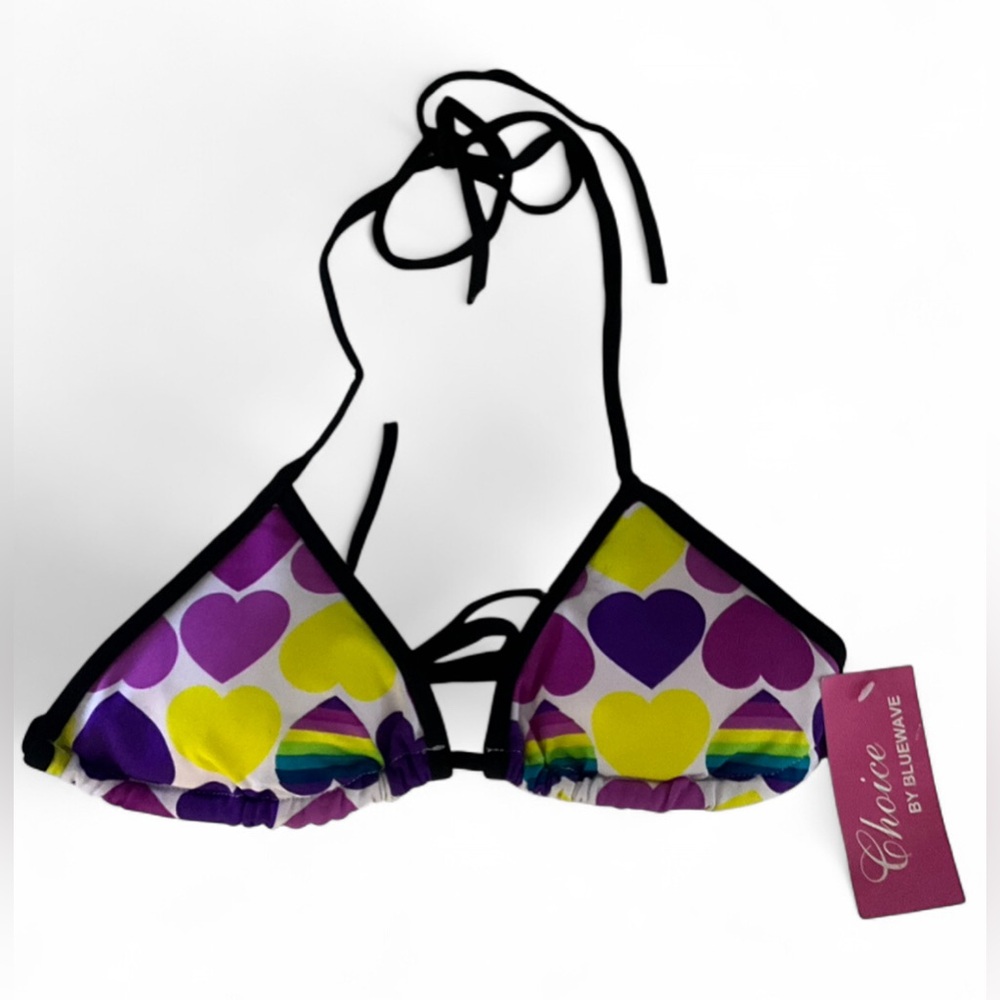 NWT Choice by Bluewave Women's Purple White Heart Print Triangle Bikini Top Y2K